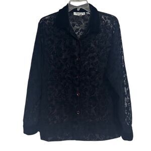 Vintage Truffles Blouse Womens Medium Black Jacquard Velvet Burnout Floral Sheer